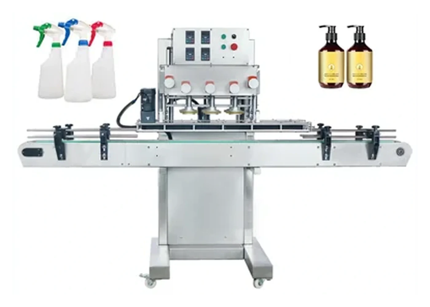 Screw capping machine with a conveyor, bottle guides and control panel.
