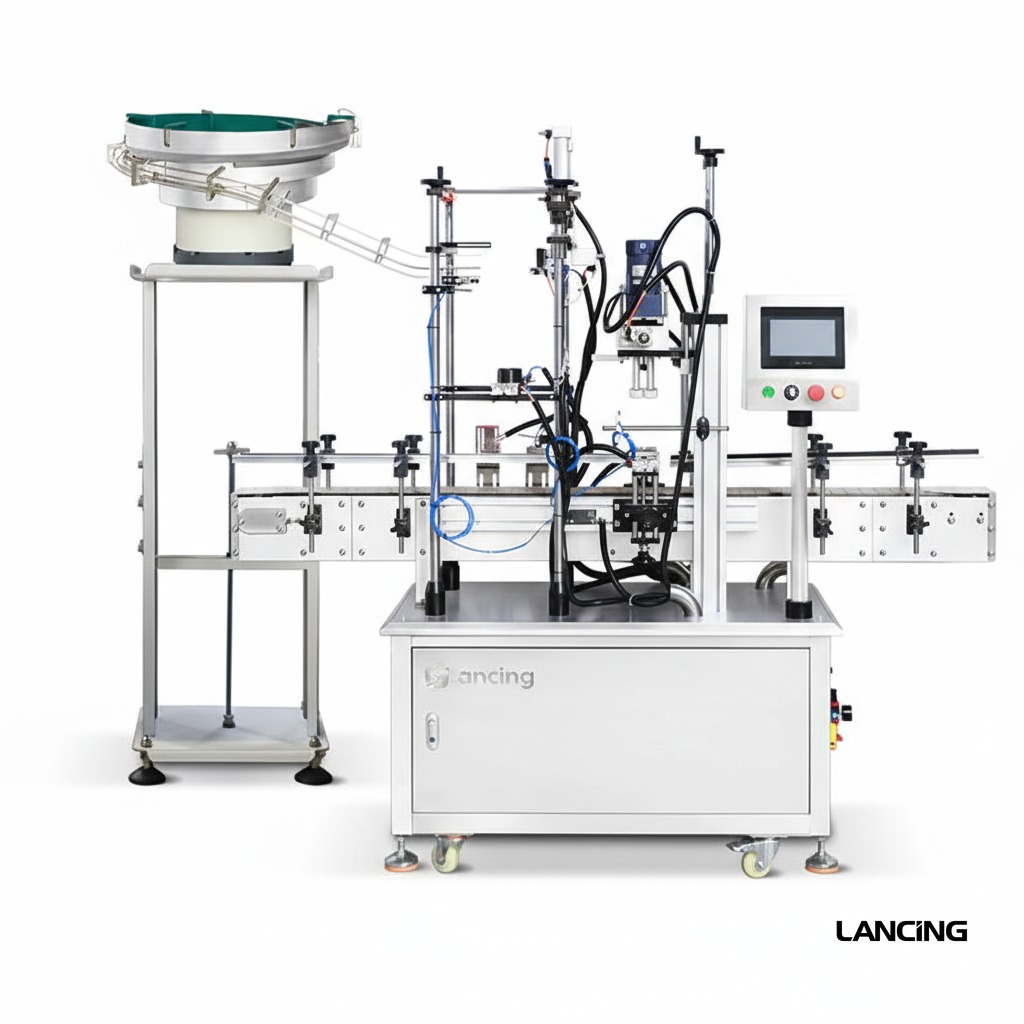 Pump capping equipment with a feeder bowl, conveyor and control panel.